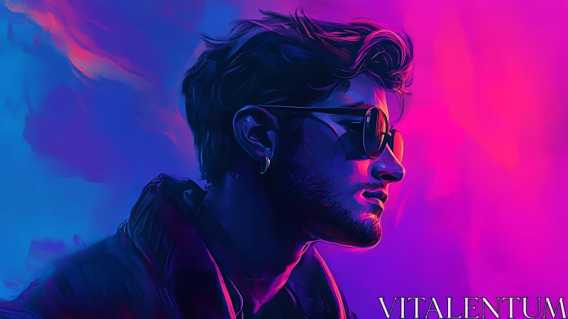 Side-profile portrait of man in sunglasses with neon light