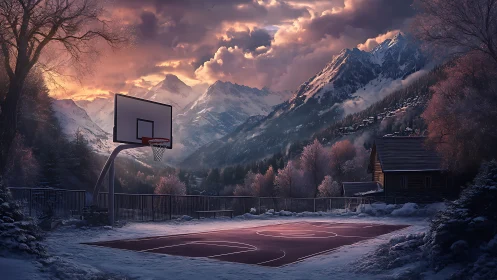Snow-covered mountain basketball court at winter sunset.