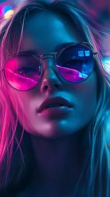 Neon-lit portrait frames mirrored shades and cyan glow.