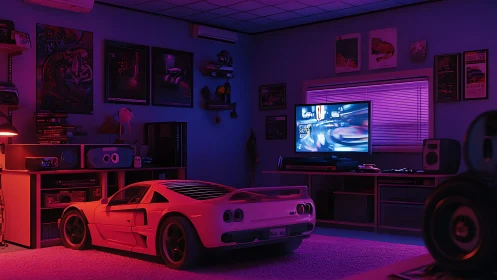 Neon-lit retro gaming den with scale supercar centerpiece.