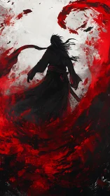 Silhouetted figure within swirling red abstract motion.