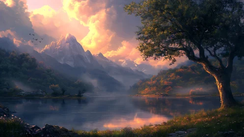 Sunset-lit alpine lake under towering misted peaks.