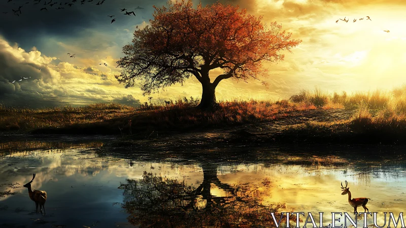 Solitary autumn tree over reflective pond at sunset.