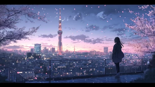 Anime twilight cityscape with cherry blossoms and skyline vista.