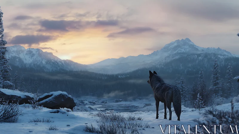 Wolf stands in snowy valley before distant mountain sunrise