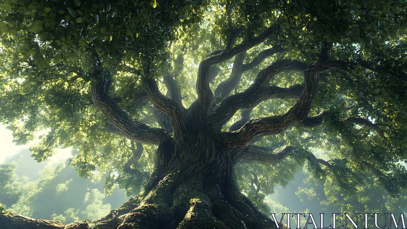 Massive old tree trunk viewed from below with radiating limbs