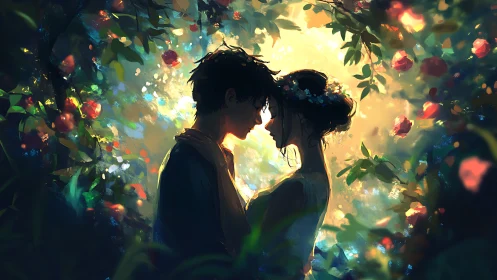 Two silhouetted figures positioned face-to-face among flowering foliage and atmospheric light effect