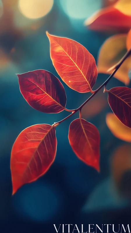 Crimson autumn leaves against teal bokeh background.