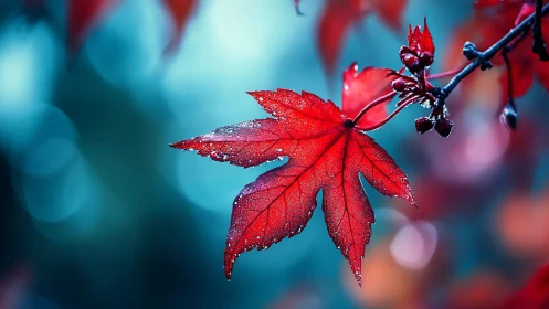 Ruby maple leaf dreaming against electric teal twilight.