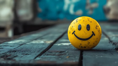 Sunlit yellow smiley ball brightens a worn wooden table