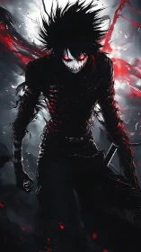 Demonic swordsman emerges from swirling blood and shadowed mist
