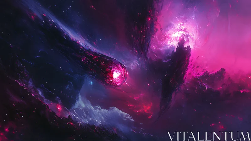 Nebular comet spirals into a violet cosmic stormfront.
