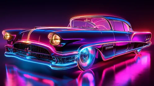 Neon classic car pulses under vibrant electric lighting glow.