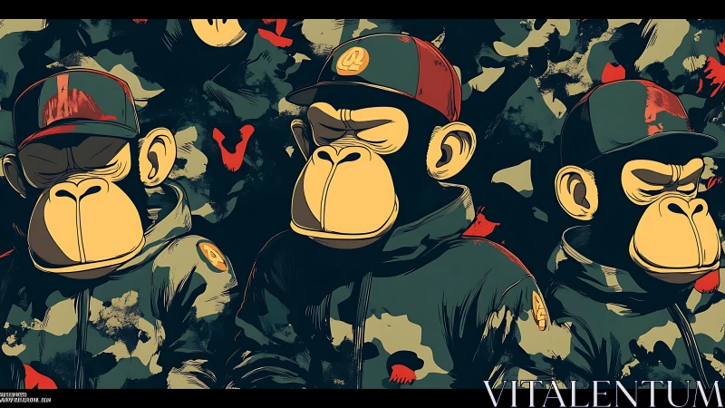 Uniformed cartoon primates stand in patterned jackets and caps