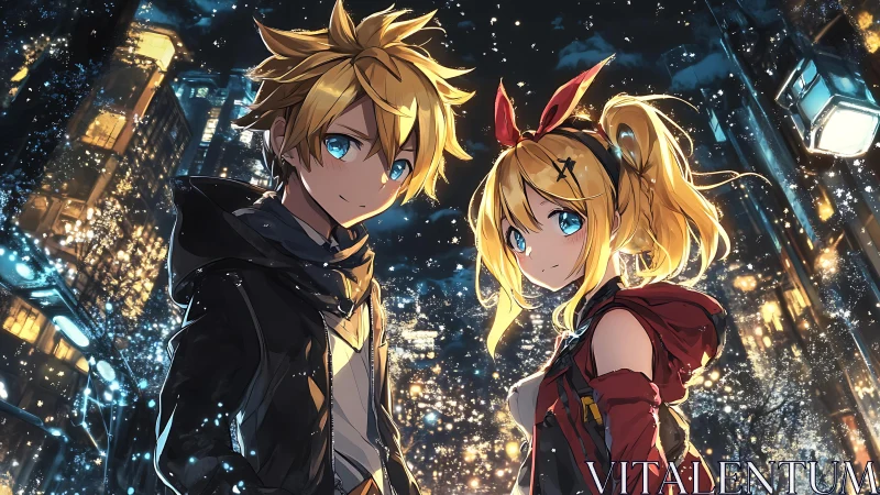 Night city anime duo under glowing winter snowfall.