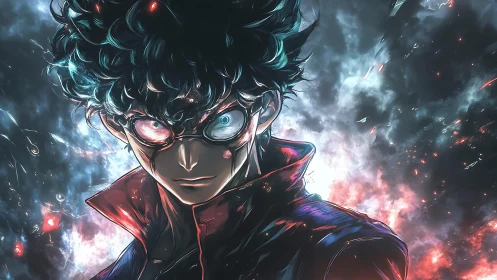 Intense anime sorcerer with glowing eye amid cosmic storm.