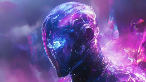 Crystal cybernetic figure in neon purple smoke field.