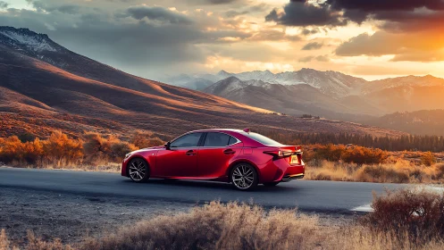Red performance sedan on mountain highway at dramatic sunset