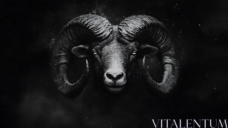 Dark ram portrait emerges from shadow with intense gaze.