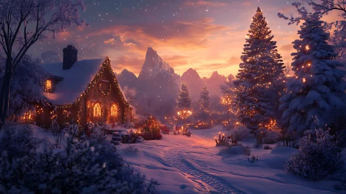 Snowy Christmas cottage under glowing winter sunset.