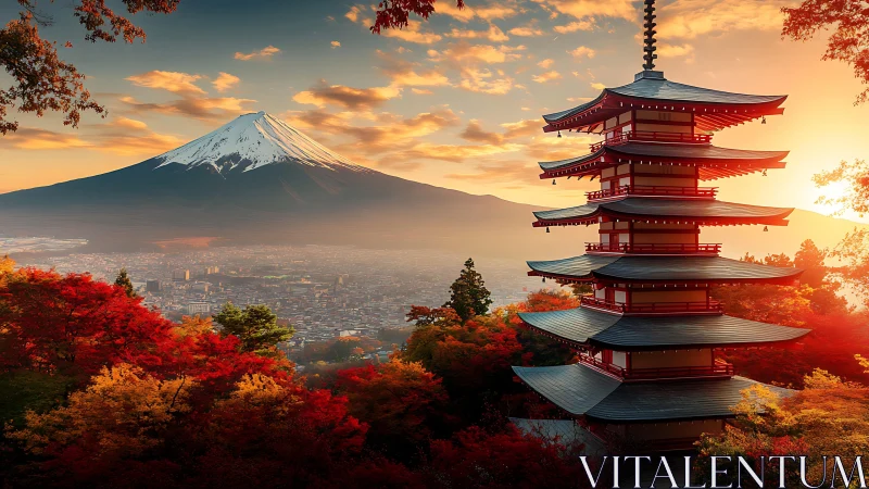 Crimson pagoda greets Mount Fuji beneath a blazing autumn sky