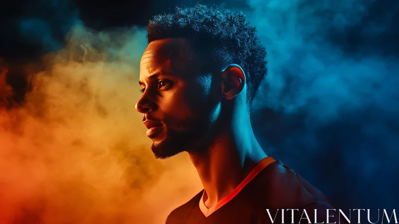 Profile portrait in dual-color atmospheric studio lighting.