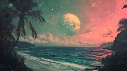 Tropical Beach with Oversized Moon and Coral Sky.