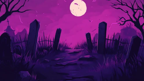 Purple night graveyard path under full moon glow.