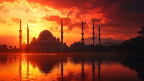 Silhouetted mosque and minarets at sunset across calm water.
