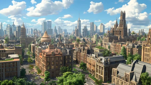 3D neo-classical cityscape with layered high-rise skyline integration.