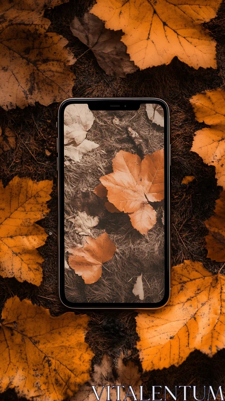 Smartphone on forest floor with orange autumn leaves.