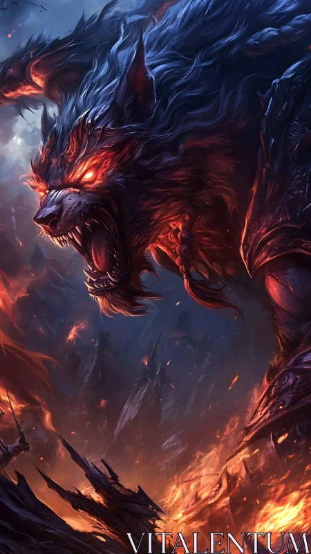 Demonic wolf erupts from flames with glowing red eyes.