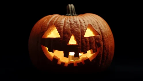 Glowing jack-o’-lantern smiles boldly in a darkened room