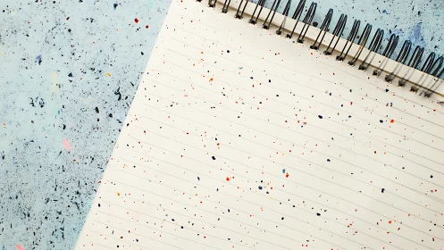 Spiral notebook lies open on speckled blue surface