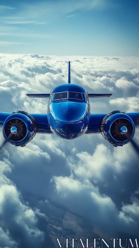 Streamlined blue airliner above clouds in frontal flight.