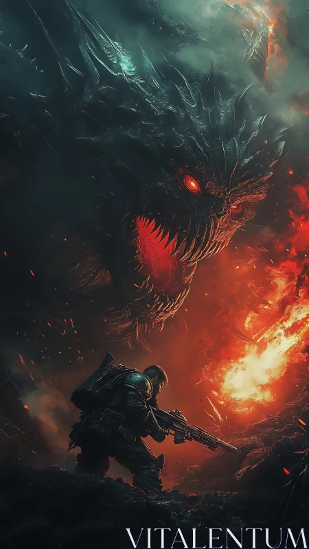 Armored infantry versus volcanic draconic titan in infernal void.