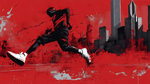 Dynamic runner silhouette against bold red city skyline.