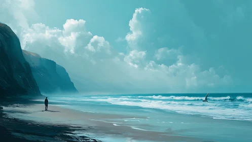 Solitary figure on coastal shore with cliffs and distant fin.