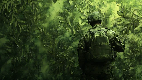 Soldier in green camouflage gear against dense jungle wall.