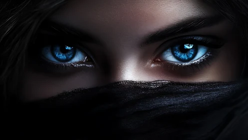Intense blue eyes framed by dark veil in close portrait.