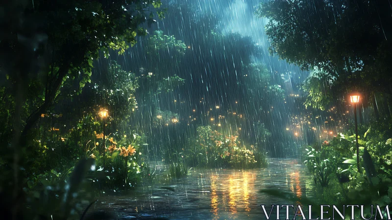 Rain-soaked forest path glows under warm lantern light.