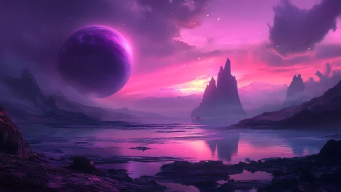 Cosmic twilight seascape with luminous planet and spires.