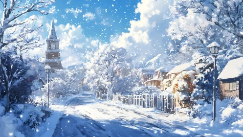 Snow-covered village street under bright winter sunlight