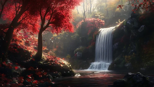 Autumnal waterfall cascades through luminous crimson forest glade