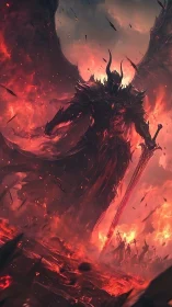 Winged demon warlord strides through a burning hellscape