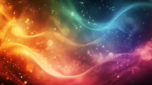 Multicolor abstract light waves with particles on dark field.