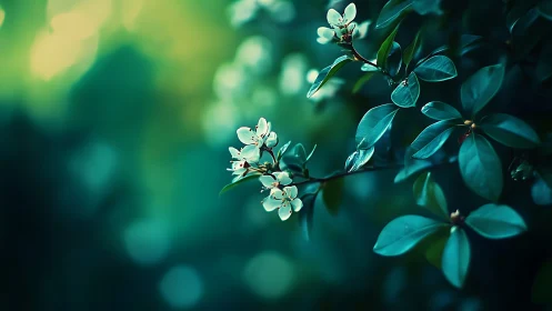 Delicate White Blossoms with Teal Foliage in Soft Bokeh Light.