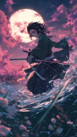 Moonlit samurai strides through glowing water and cherry blossoms
