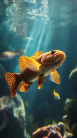 Golden reef fish glides through dappled sunlit water.