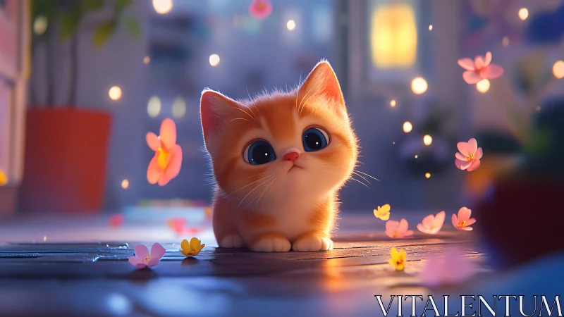 Orange Kitten Surrounded by Luminescent Flowers in Evening Ambiance